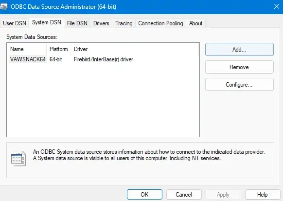 Окно ODBC Data Source Administrator, вкладка System DSN